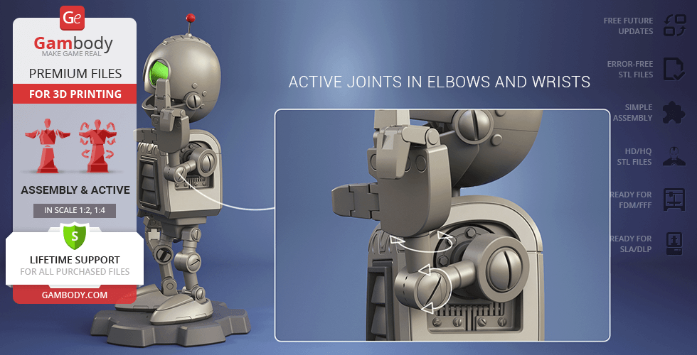 A 3D model of a small robot with active joints in elbows and wrists, designed for printing.