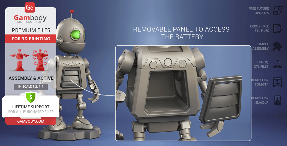 3D model of a small robot with a removable back panel for battery access, designed for printing.