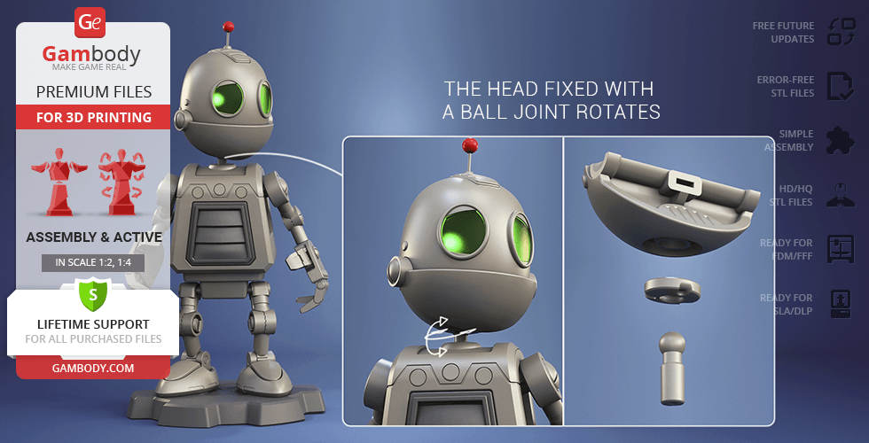 A 3D model of a cartoonish robot with a rotating head, large green eyes, and detailed mechanical joints.