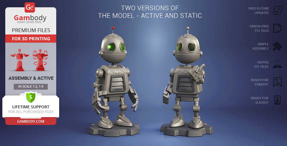 Two versions of a small robot model with green eyes for 3D printing, labeled 'active' and 'static.'