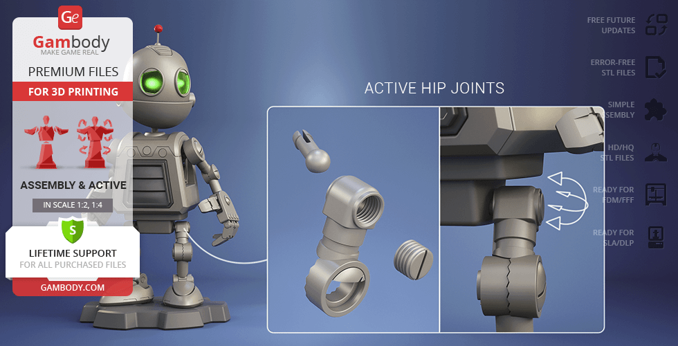 A 3D model of a robot with green eyes, featuring active hip joints and assembly details.