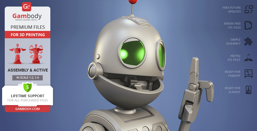 A small, silver robot with green eyes and an antenna gives a thumbs-up.