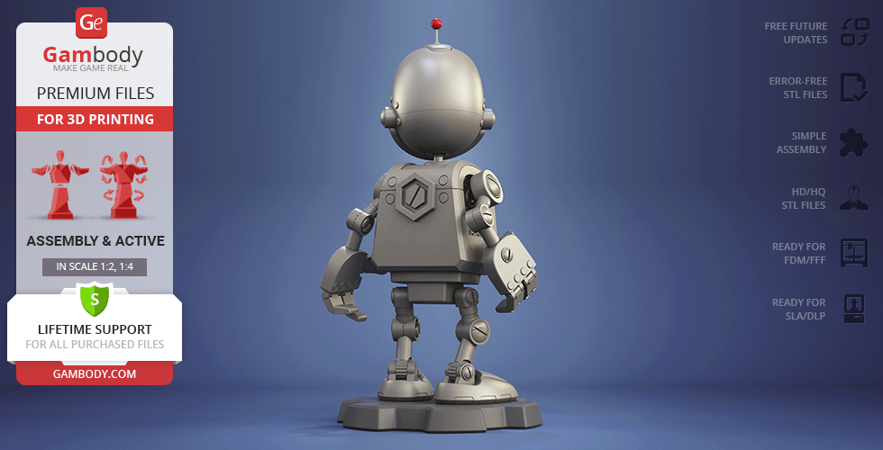 A 3D model of a small robot with a round head and jointed limbs, displayed on a platform.