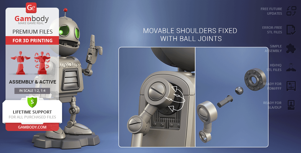 A 3D model of Clank robot from Gambody, featuring movable shoulders with ball joints.