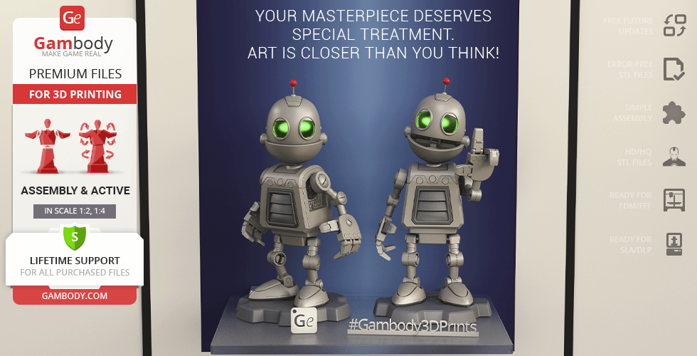 Two robot figures with green eyes on a display platform, intended for 3D printing.