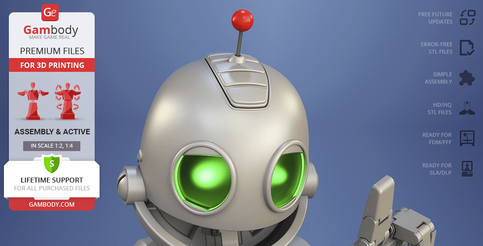 A silver robot with green eyes and a red antenna on its head, designed for 3D printing by Gambody.