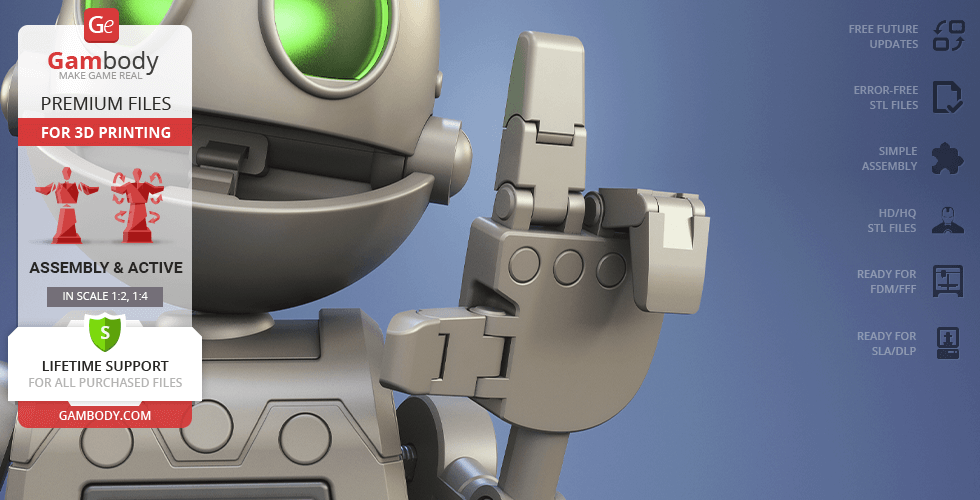 A 3D model of a small, gray robot with green eyes, showing a thumbs-up.