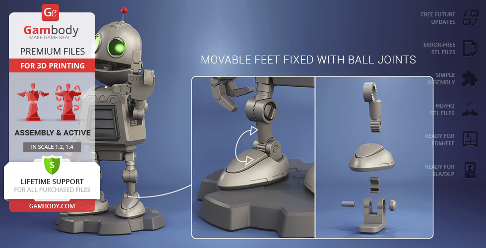 A 3D model of a robot with movable feet and joint details, designed for 3D printing by Gambody.