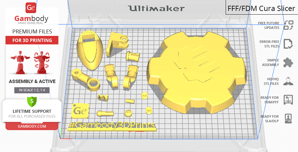 Collection of yellow 3D model parts for 'Clank' from Gambody, displayed on a grid for printing.