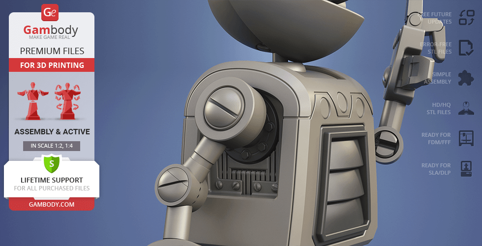 A detailed 3D model of a small robot character showcasing its mechanical parts and joints for 3D printing.