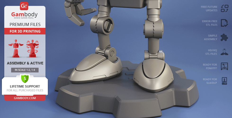 A robot figure's lower body and feet on a base, designed for 3D printing.