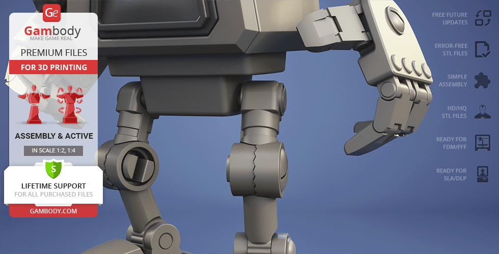 A detailed close-up of a robot figure designed for 3D printing, showcasing arm and leg joints.