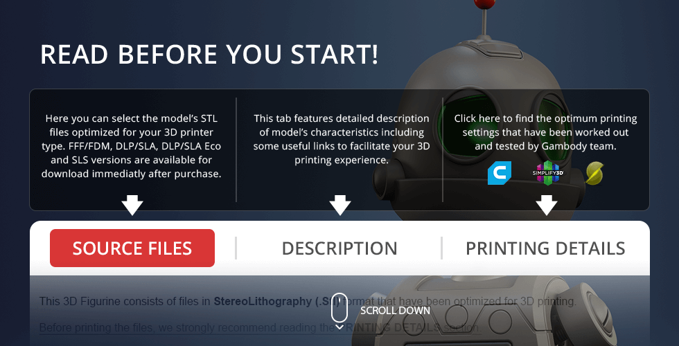 A robot model for 3D printing with options for source files, description, and printing details.