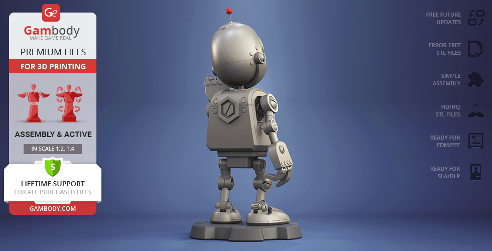 A detailed 3D model of a small robot with a round head and mechanical limbs, suitable for 3D printing.