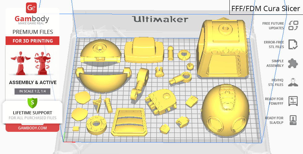 3D printable Clank model parts displayed in Cura slicer software on a grid platform.