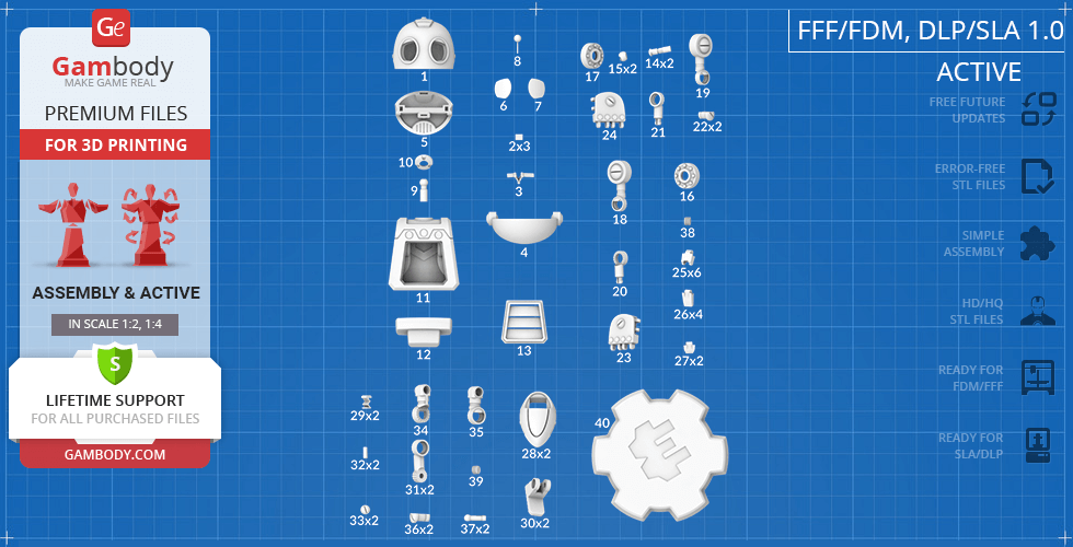 Blueprint of Clank 3D model parts for printing, including head, body, and accessory components.