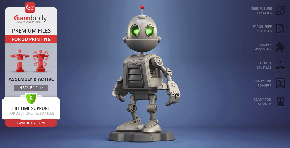 A 3D model of a small robot with green eyes, designed for 3D printing, displayed on a stand.
