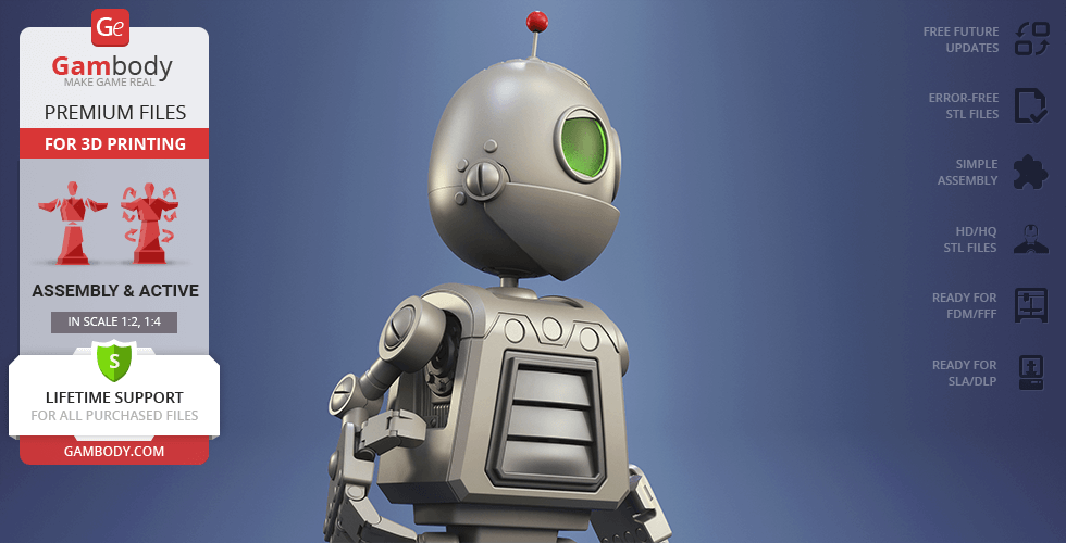 A 3D model of a small, robotic character with a green eye and antenna, designed for 3D printing.
