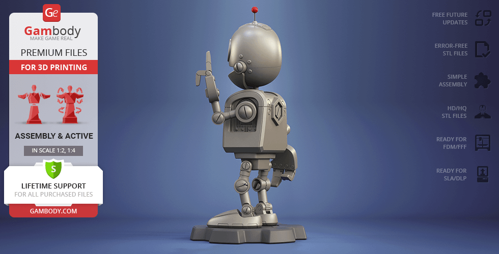 A small, detailed robot model with a shiny metallic finish, standing on a platform, ready for 3D printing.