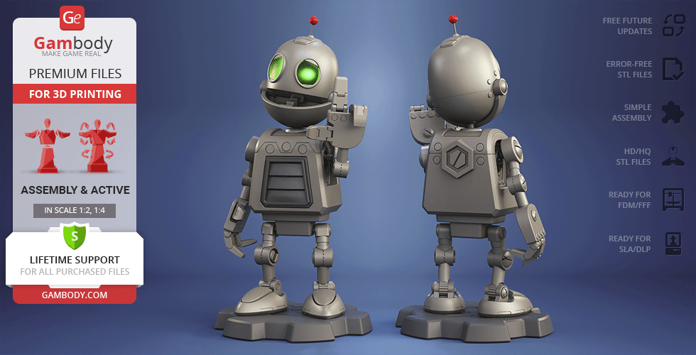 A cute, shiny robot with green eyes and an antenna on its head, shown from front and back.
