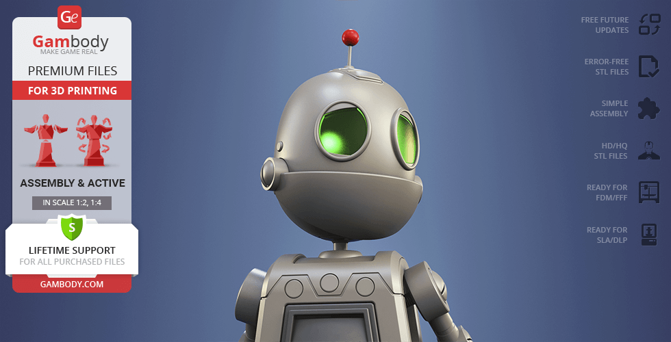 A 3D model of a small, silver robot with green eyes and an antenna, available for 3D printing from Gambody.