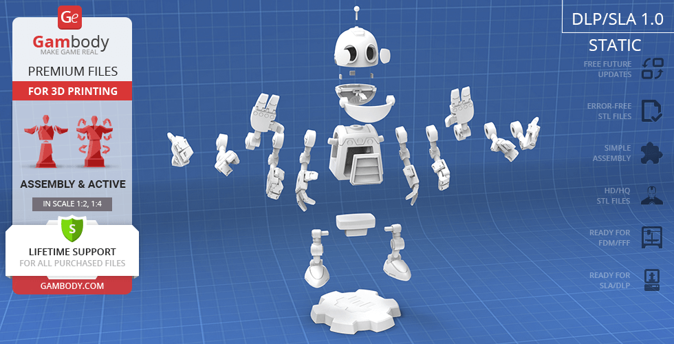 A 3D model of a disassembled robot with various detachable parts, displayed on a blueprint background.