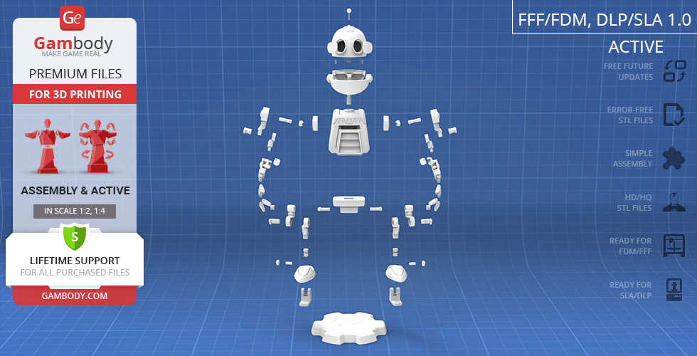 A 3D model of a robot character, Clank, shown in exploded view for 3D printing assembly.