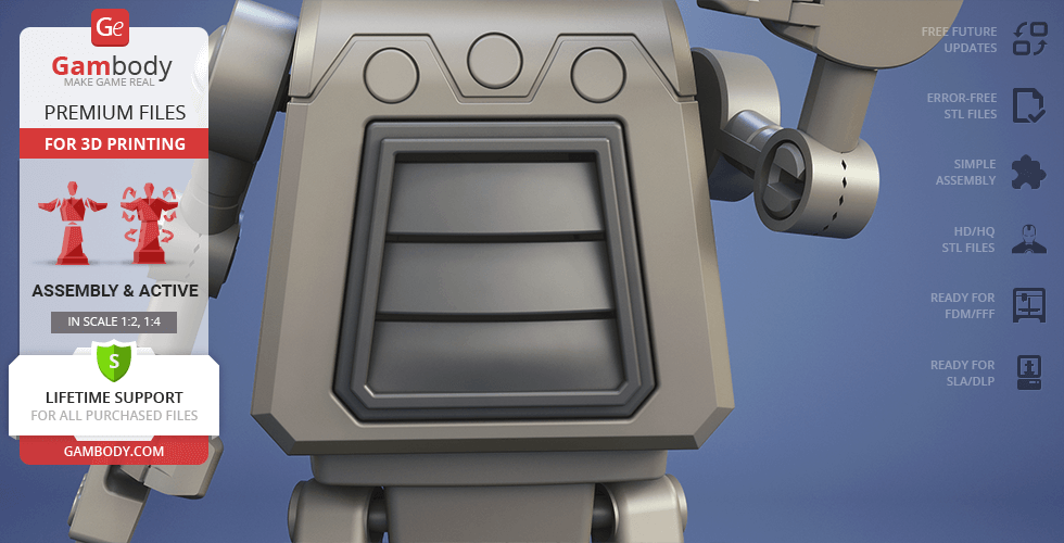 A 3D model of a robot with a rectangular body and arms, ready for 3D printing.