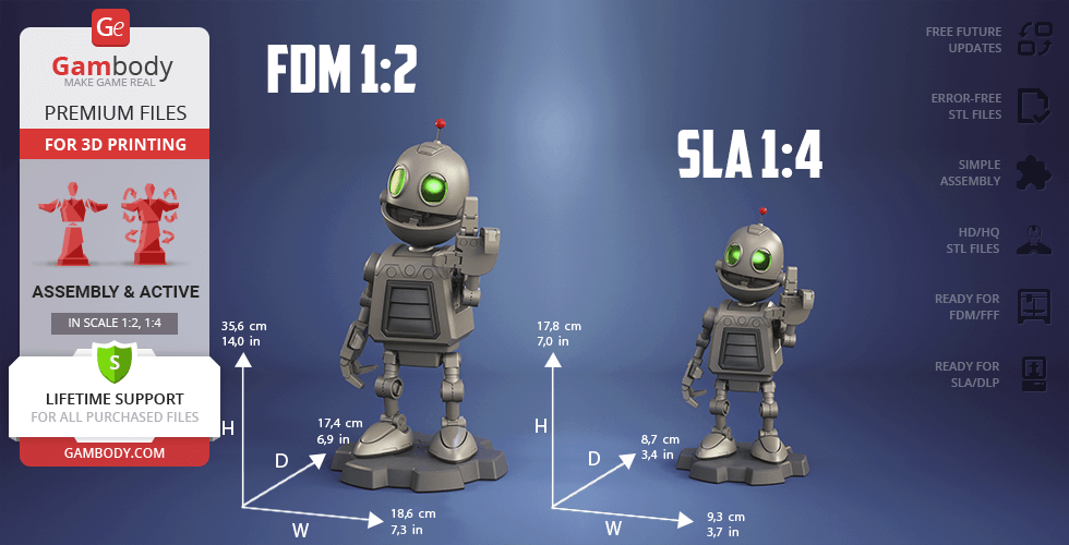 Two sizes of a cute robot model for 3D printing, labeled FDM 1:2 and SLA 1:4, with dimensions shown.
