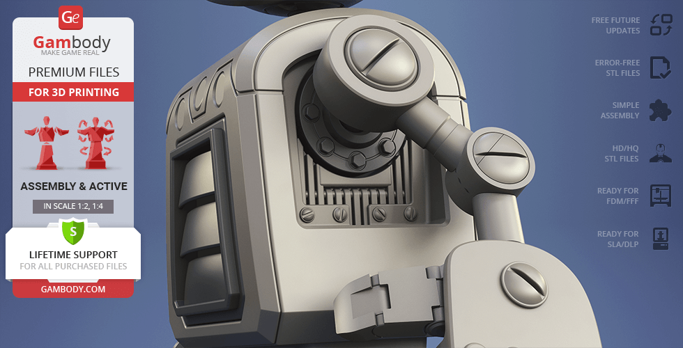 3D model of a robot with detailed mechanical features, ready for printing from Gambody.
