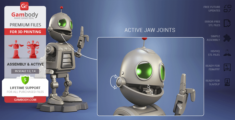 A 3D model of a small robot, Clank, with active jaw joints and green eyes, designed for 3D printing.