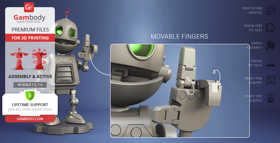 A 3D printable model of a robot with green eyes and movable fingers, labeled for assembly.