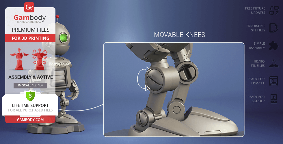 A 3D model of Clank for printing, featuring movable knees. Includes details of assembly and file support.