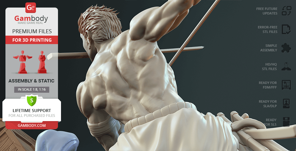 A 3D printable model of a muscular swordsman in an action pose, ready for assembly and print.