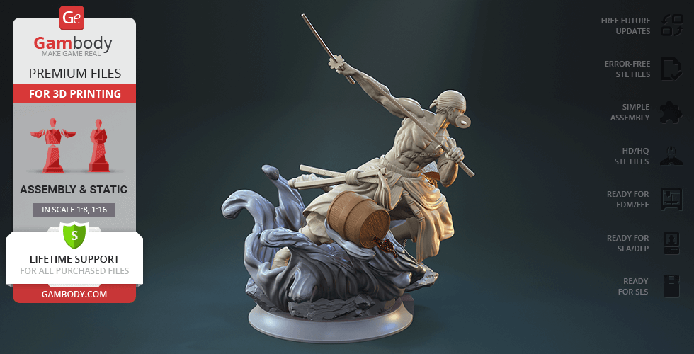 A dynamic 3D figure of a warrior with swords, poised in an action stance on a swirling base.