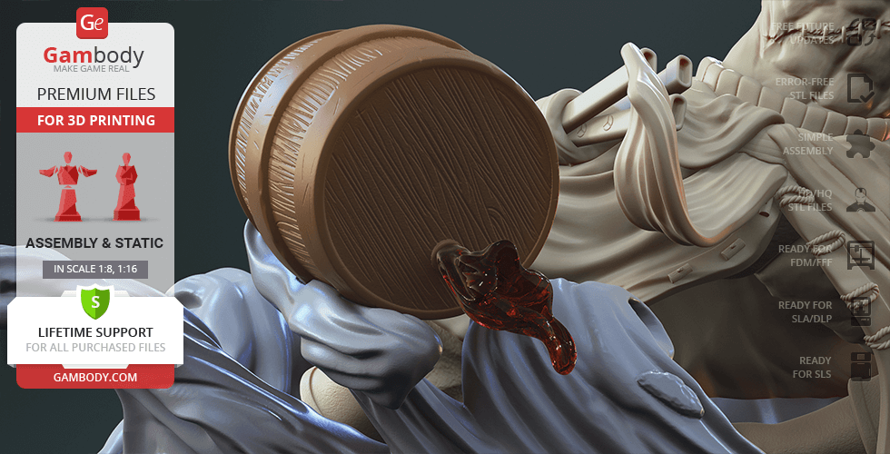 A detailed 3D model of a figure holding a large wooden barrel and a sword, with dynamic clothing elements.