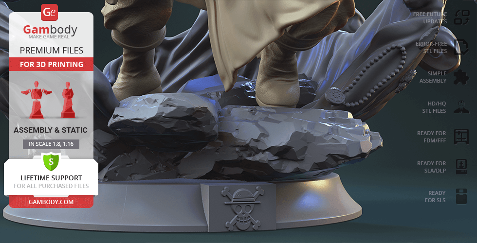 A detailed 3D model base featuring a rocky texture and pirate emblem, designed for the character's feet.
