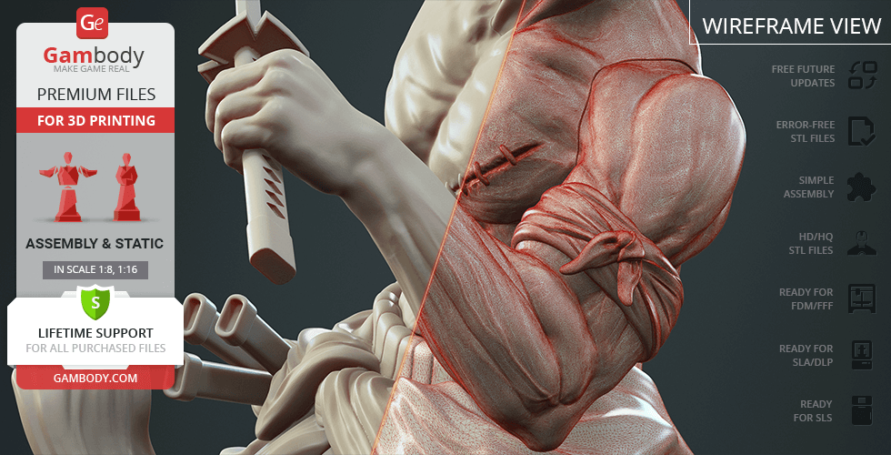 A muscular figure holding a sword with detailed cloth texture, designed for 3D printing.