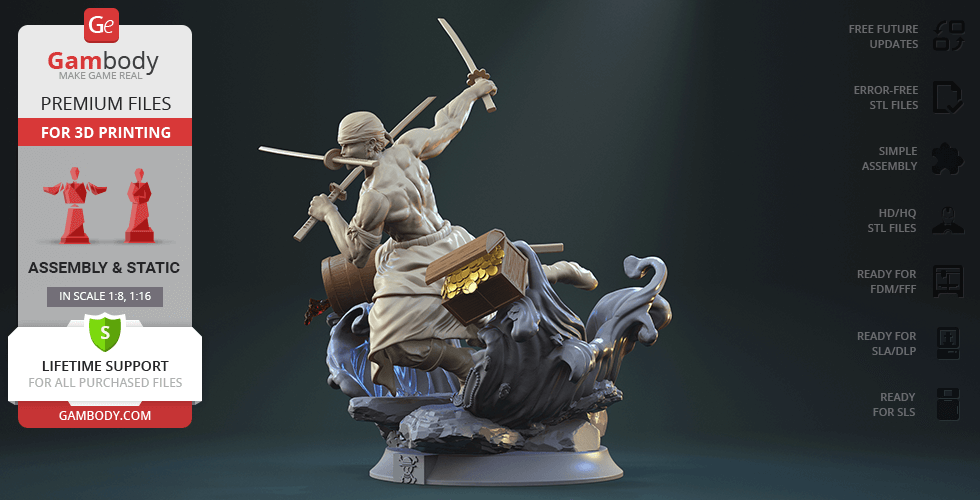 A dynamic 3D model of a warrior with swords, captured in a motion pose, surrounded by swirling effects.