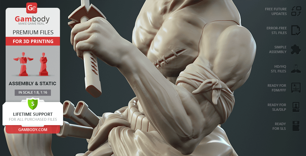 A muscular figure holds a sword, showcasing detailed arm muscles and wrapped fabric on the arm.