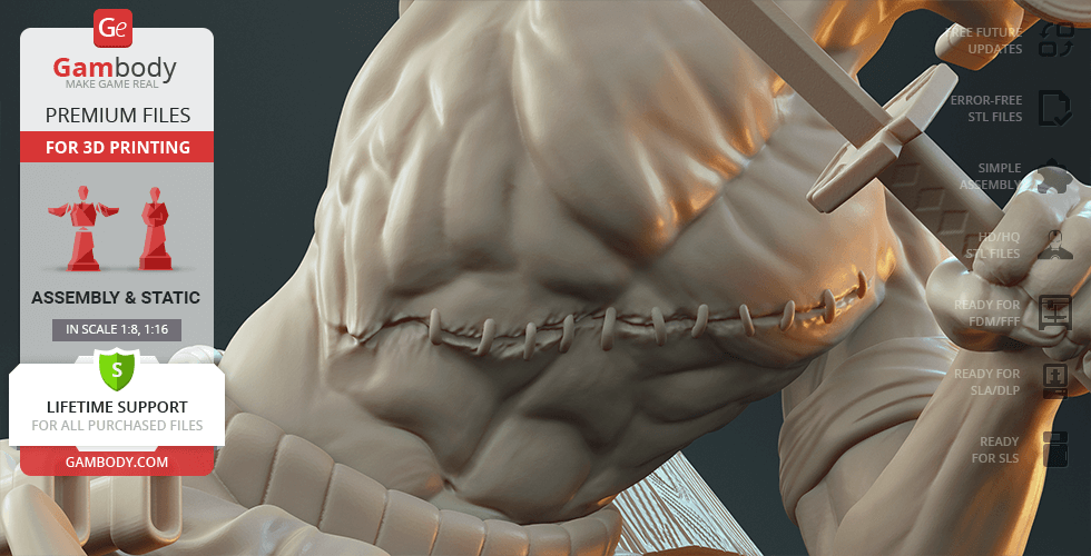 A detailed 3D model of a muscular warrior with a scarred chest, holding a sword, ready for 3D printing.