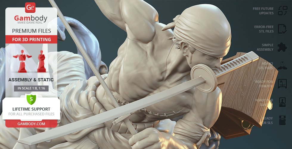 A dynamic 3D model of a warrior with a bandana, posed with swords for 3D printing.