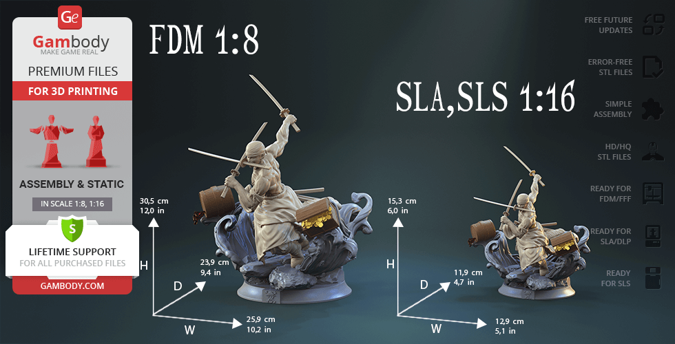 A detailed 3D model of a warrior with swords, ready for 3D printing at different scales.