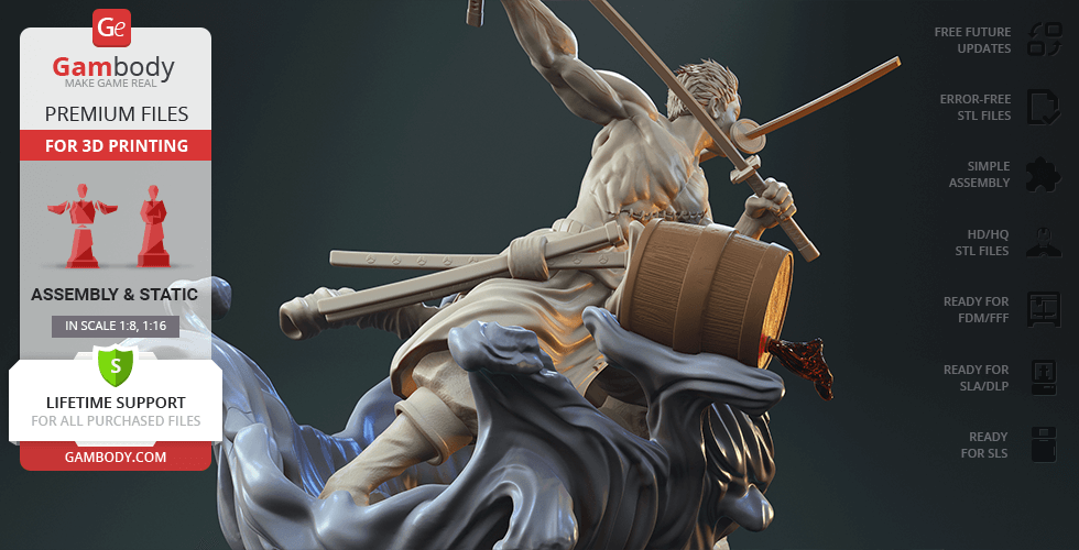 A dynamic 3D model of a warrior wielding two swords, standing on swirling waves.
