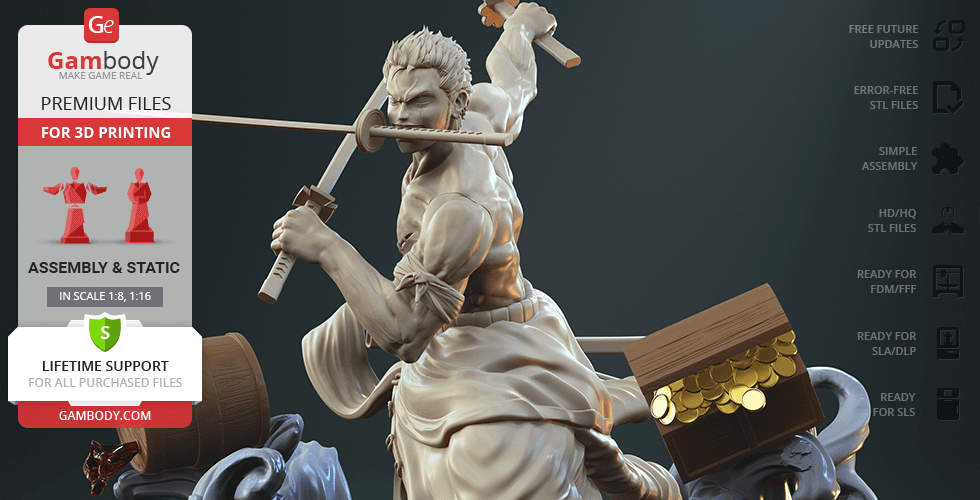 A dynamic 3D model of a dual-wielding swordsman with a treasure chest, designed for 3D printing.
