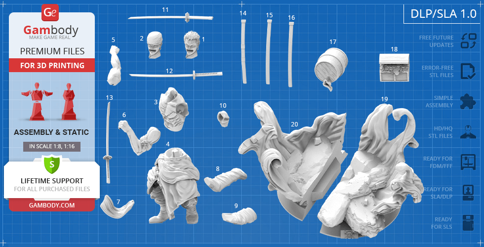 3D printable parts for assembling a figure, including swords and detailed clothing, on a blueprint background.