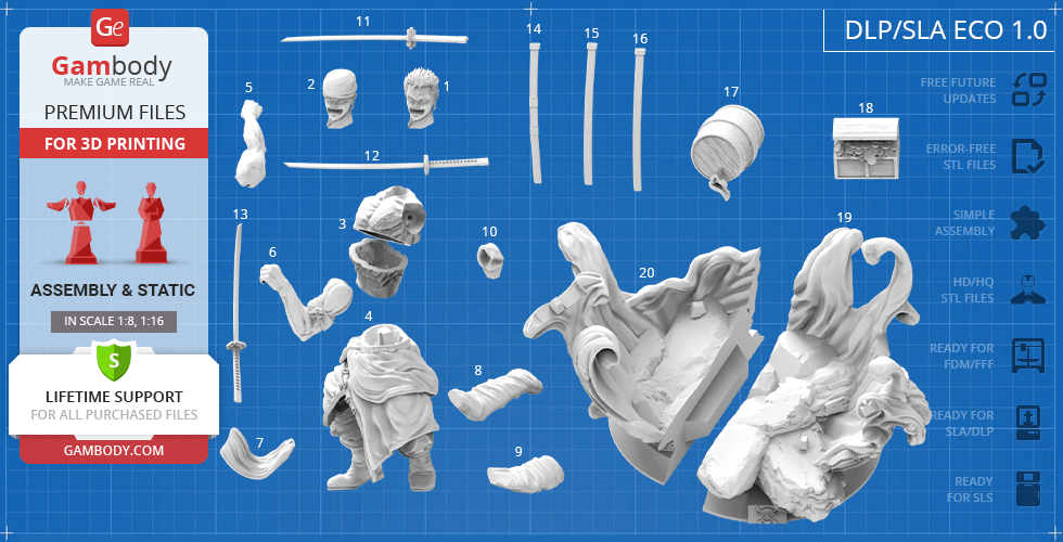 STL model pieces for 3D printing of a character with weapons and base on a blue grid background.
