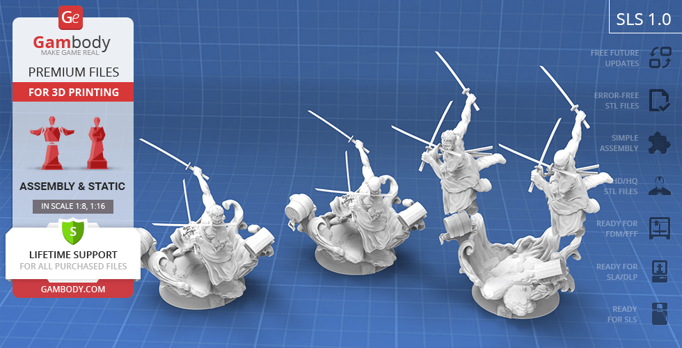 3D models of a dynamic swordsman in action poses, designed for 3D printing; includes assembly instructions.