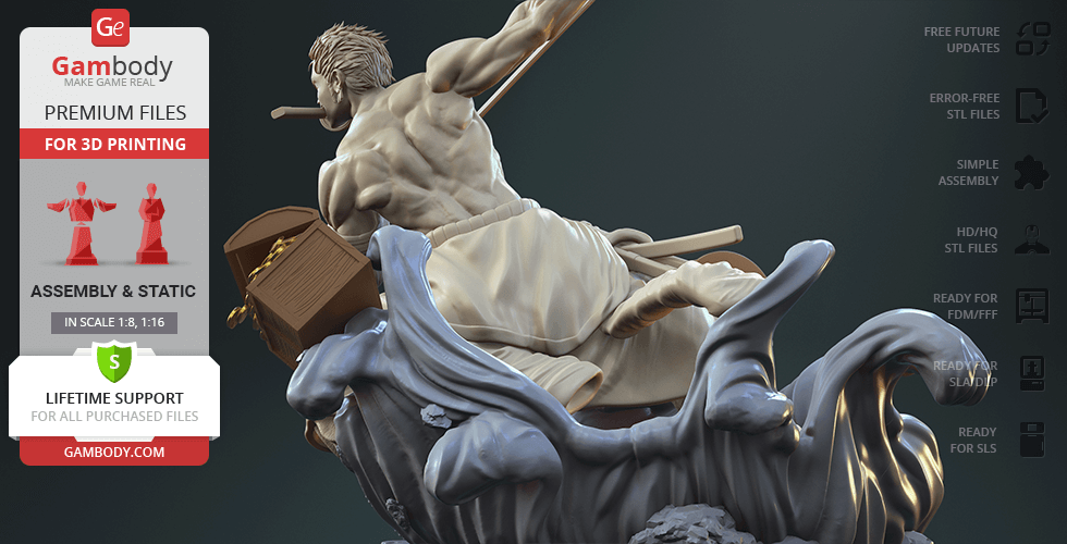 3D model of a muscular figure with swords, dynamic pose on wave-like base, ready for 3D printing.