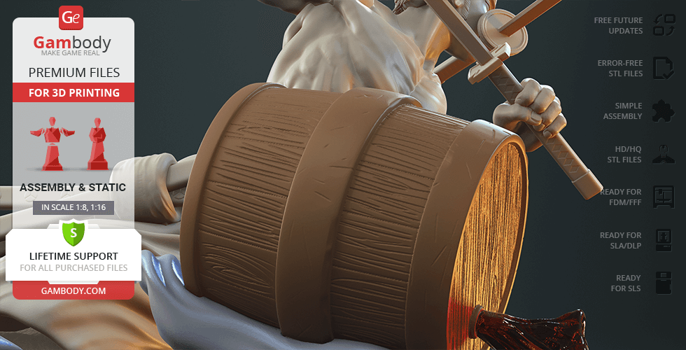 A 3D model of a figure with swords, holding a large wooden barrel, intended for 3D printing.